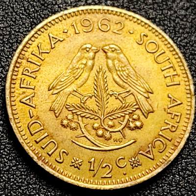 泉币菌-第168场- 精品福利场 - 铜光美品 双鸟 南非1962年1/2分黄铜硬币 25.5毫米 5.6克 