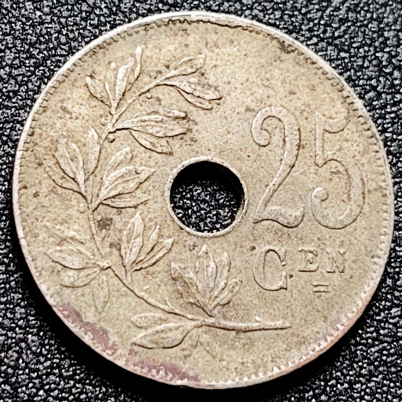 泉币菌-第168场- 精品福利场 比利时25分 中孔圆孔铜镍币 1928年 26毫米6.4克