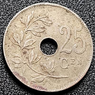 泉币菌-第168场- 精品福利场 - 比利时25分 中孔圆孔铜镍币 1928年 26毫米6.4克