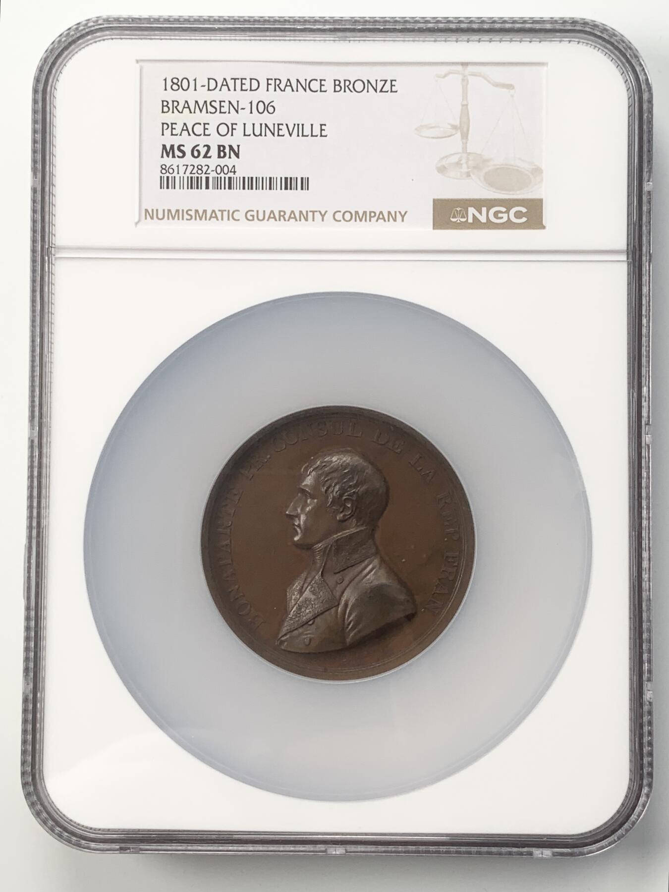 掌中浮雕-藏着的欧洲第049场 NGC MS62 : 1801年拿破仑一世原铸大铜章 吕内维尔和平协定大铜章 , 55mm