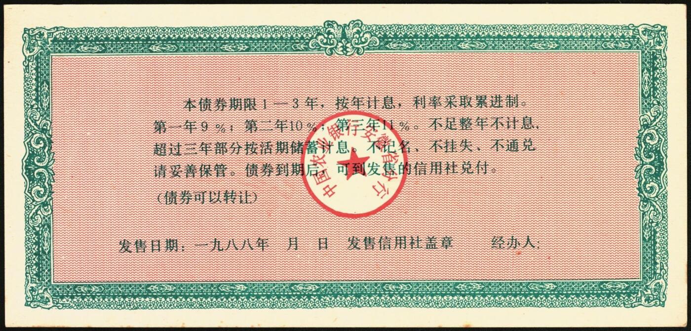 宜和2025年秋季拍卖 纸币 1988年，安徽省农村信用合作社壹佰元、贰佰元样票各1枚、中国农业银行累进利息金融债券壹仟圆1枚；九八品至全新