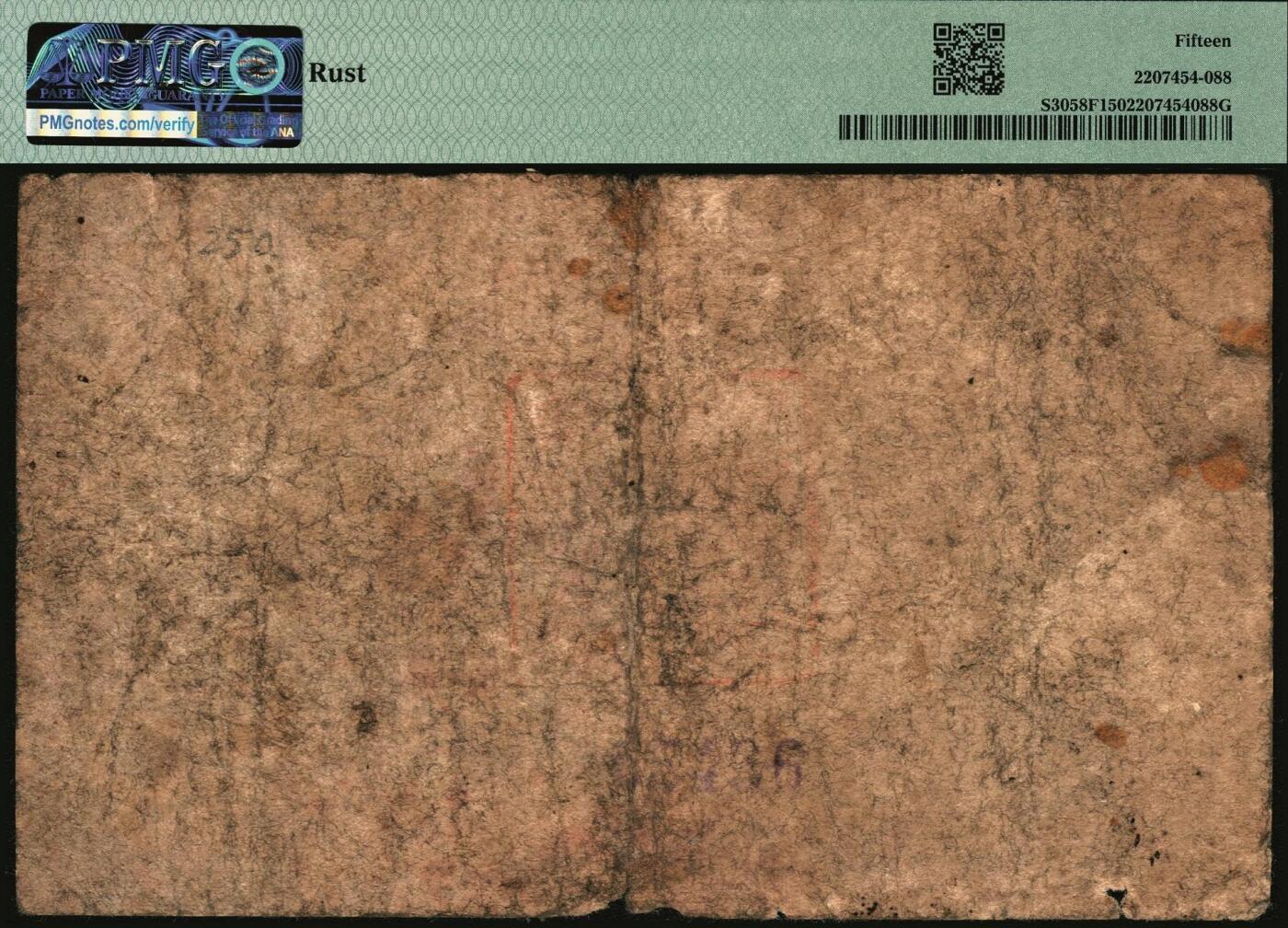 宜和2025年秋季拍卖 纸币 民国三十四年（1945年）浙东银行余姚支行抗币一组2枚，单面印刷，背面加盖“浙东银行余姚支行”行章及编号，其中：①临时兑换券伍角，PMG评级数据记录仅4枚，PMG 20/Foreign Substance，Annotation，冠军分；②地方本位币壹圆，PMG 15/Rust；均为稀见品