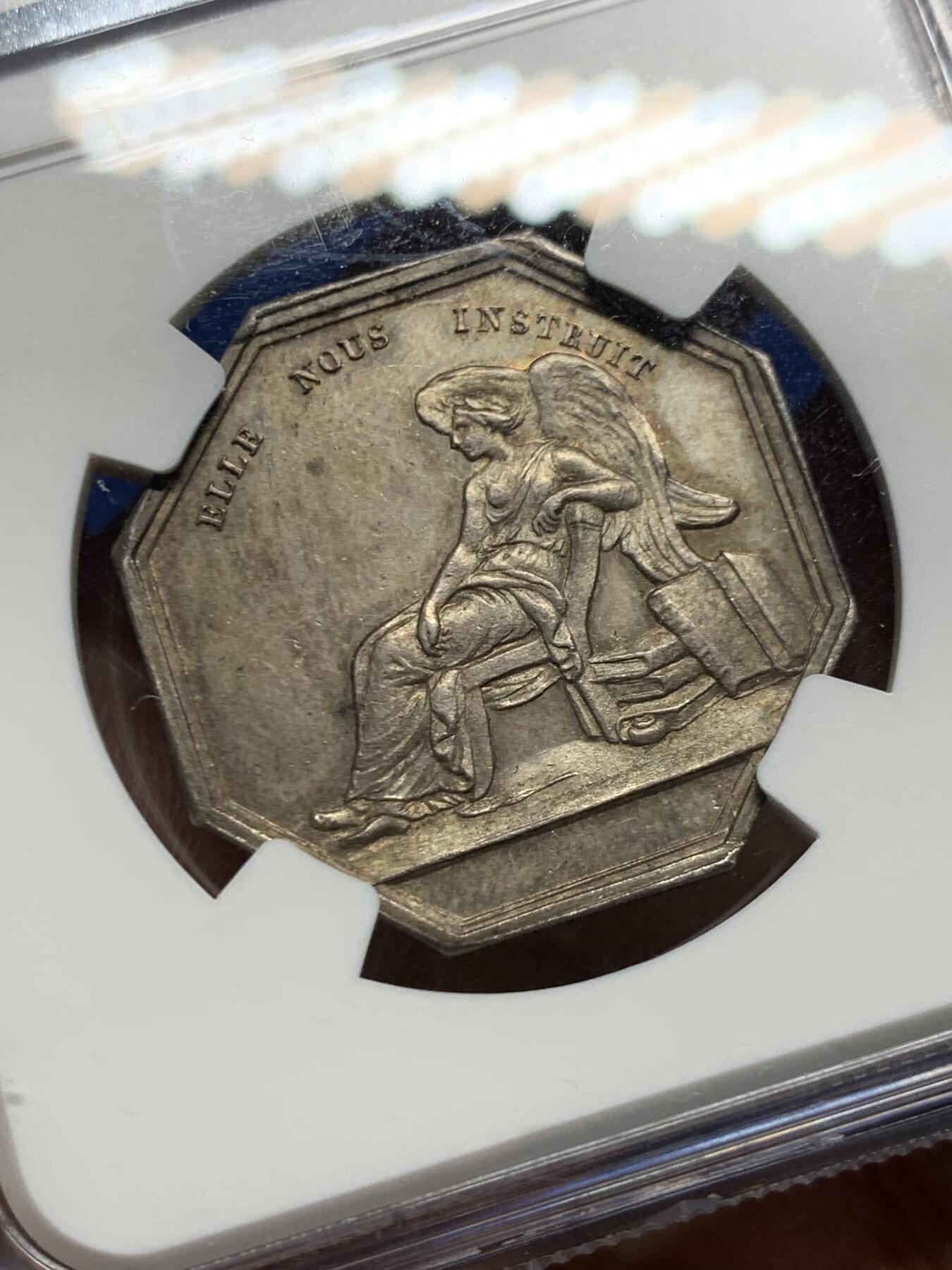 《竞宝斋》第458场 周日，周一，周二   3场连拍 （全场包邮）欢迎送拍 NGC-MS63 法国Dubois 查理十世头像“她教导我们”八角银质代币