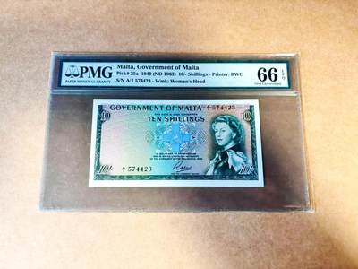 【Blue Auction】世界纸币精拍第775期——18级TOP拍卖/信誉/品质/专业/高效💫 - 【初版冠军分少见 A/1首发冠】马耳他 1963年10先令 绿色版 戎装女王 BWC出品 PMG66EPQ 绝品较少见 背面港口大场景