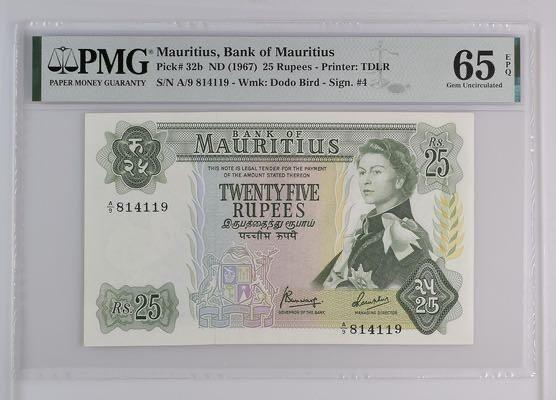 【炜奕收藏】，第五十七期，英联邦女王专场 1967年毛里求斯25卢比，PMG65分，戎装女王像