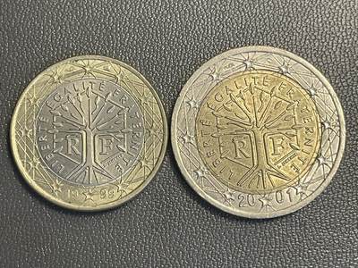 回流0119 - 法国1999、2001年1、2欧元双金属币两枚 播种树