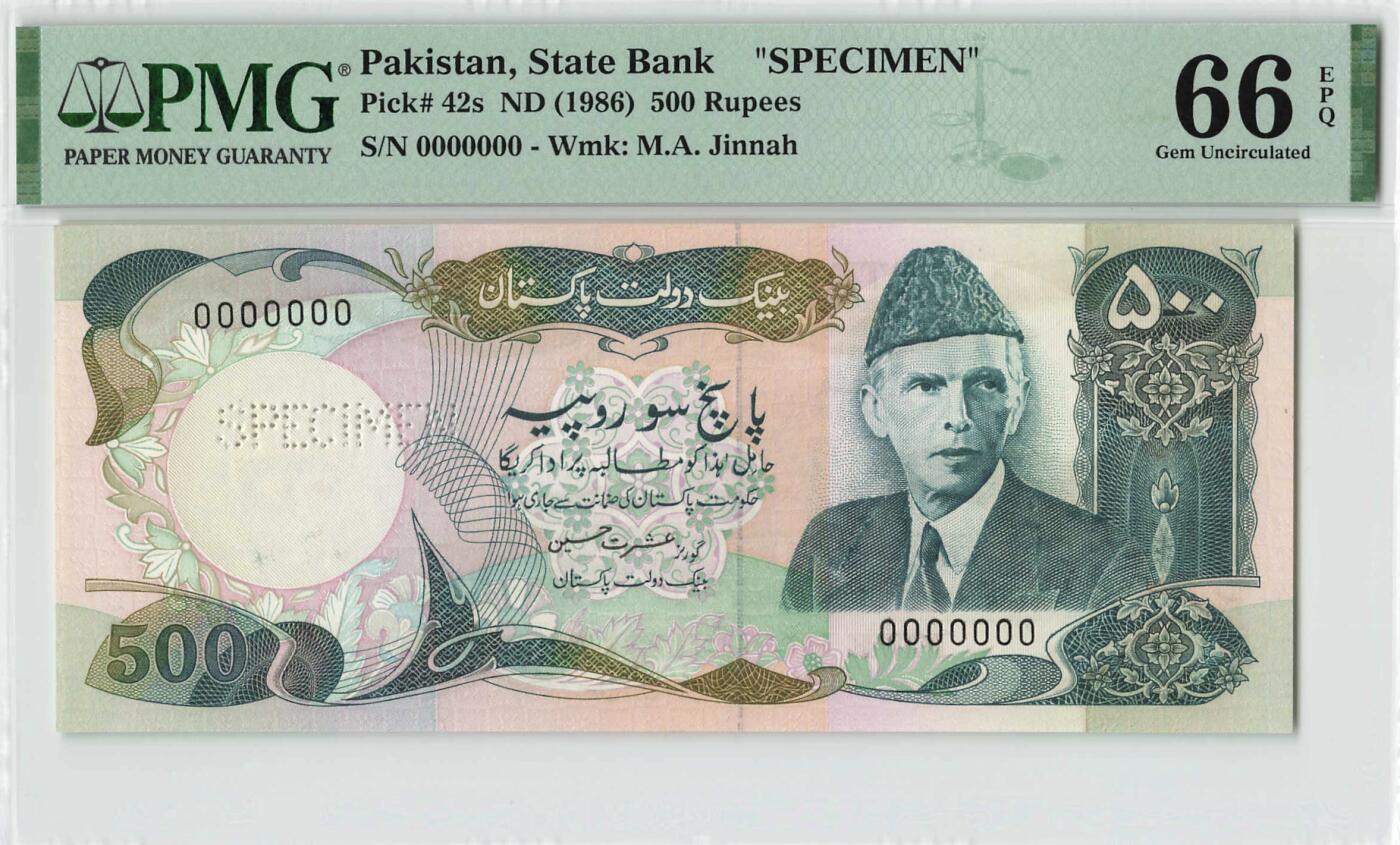 小福收藏拍卖第198期 评级币精选场  本期有菲律宾百位靓号100000比索超大纪念钞 苏里南25000盾花鸟版最高值 柬埔寨珍品56年50瑞尔 南越未发行版最高值打飞机  巴哈马彩背 老挝中国代印57年样钞 匈牙利 斯洛伐克 法罗群岛等多国精美高分珍稀老钞精品纸币 巴基斯坦 1986年 500卢比 样钞 PMG66 EPQ 亚军分