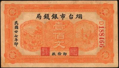 宜和2025年秋季拍卖 纸币 山东钱庄票一组9枚，其中：①临淄·东兴永伍分；②青州·永聚号贰角；③汶上·义和昌贰角；④即墨·鸿觞1931年壹角；⑤钜野·六所营商社1936年壹角；⑥莱芜·会源号1937年贰角伍；⑦烟台市银钱局1938年壹佰文；⑧黄县·同春堂药房1938年贰角；⑨莱阳·福生祥1939年贰角；七五至九品