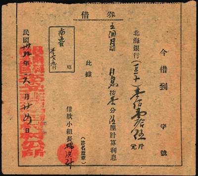 宜和2025年秋季拍卖 纸币 山东解放区“北海银行借券”一组2枚：民国卅七年（1948年）借券“麦种”捌拾伍斤；民国卅八年（1949年）借券“豆子”壹佰壹拾伍斤，月息1分5厘，由昌南县（昌邑县南部区域析置）南孟区李戈庄第四村村公所所借；少见，七至八成新，附北海银行印钞厂职员证章1枚