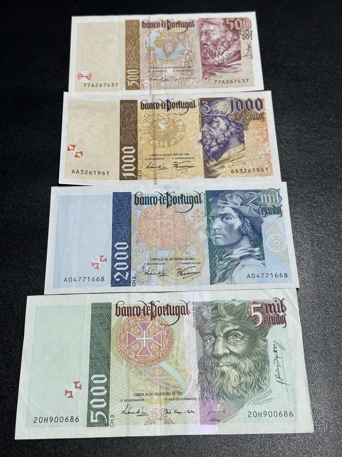 《外钞收藏家》第六百零二期（精品场）（本平台长期征集拍品、欢迎藏友们联系合作） 葡萄牙500-5000面额 四张一起 非全新 品相如图