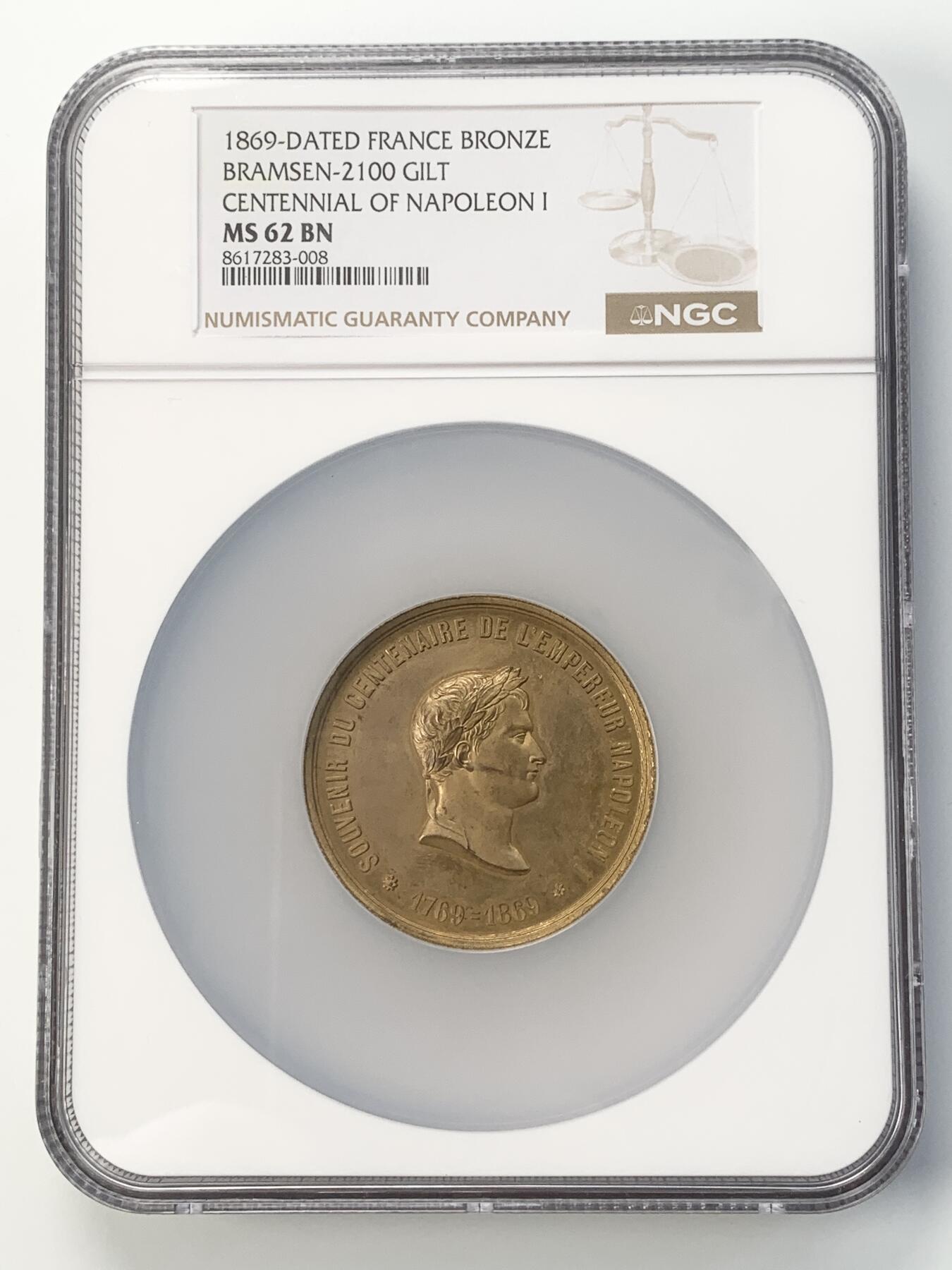 掌中浮雕-藏着的欧洲第049场 NGC MS62 : 1869年法国拿破仑一世百年诞辰纪念镀金大铜章，50mm