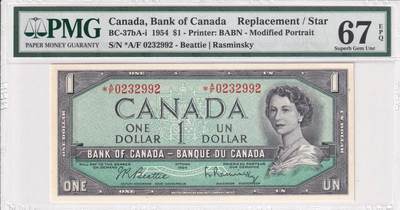 【礼羽收藏】🌏世界钱币拍卖第120期 - 【*A/F 0232992】1954年加拿大1加元纸币 女王钞 星补号 无47号码 PMG67 高分靓号
