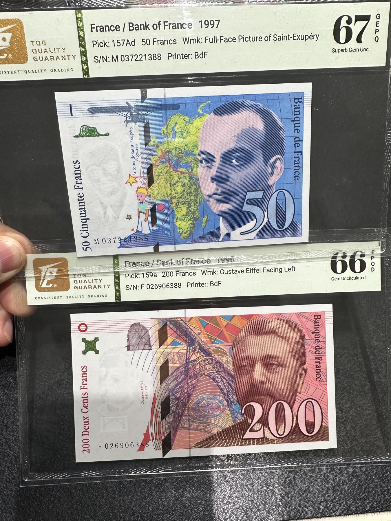 《外钞收藏家》第六百零二期（精品场）（本平台长期征集拍品、欢迎藏友们联系合作） 法国末版50和200法郎 2张一起 TQG评级 尾3同388