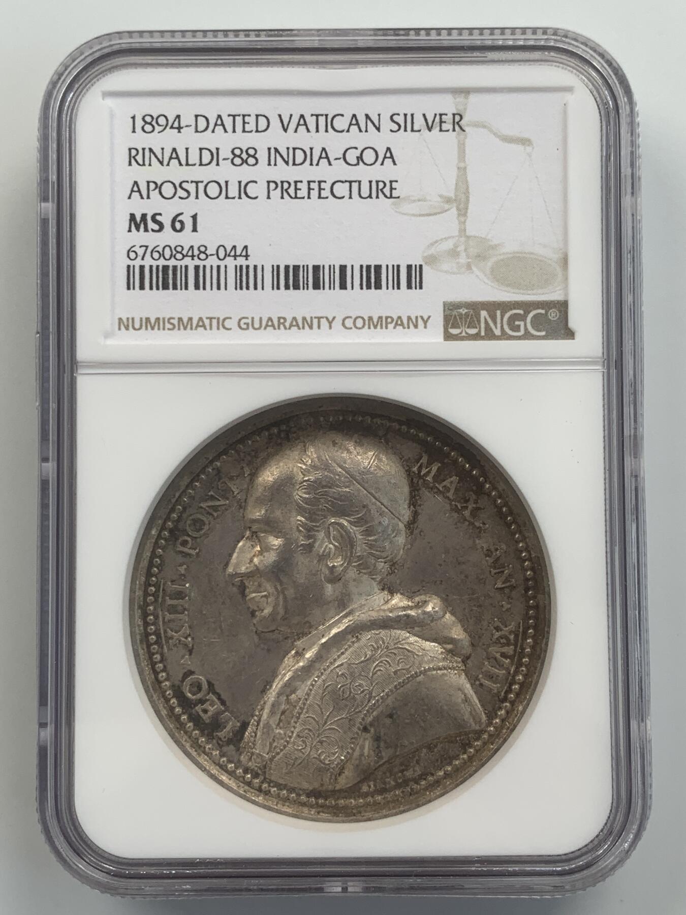 掌中浮雕-藏着的欧洲第049场 NGC MS61 : 1894年梵蒂冈教皇利奥十三世纪念建立印度教区纪念银章 ，43mm