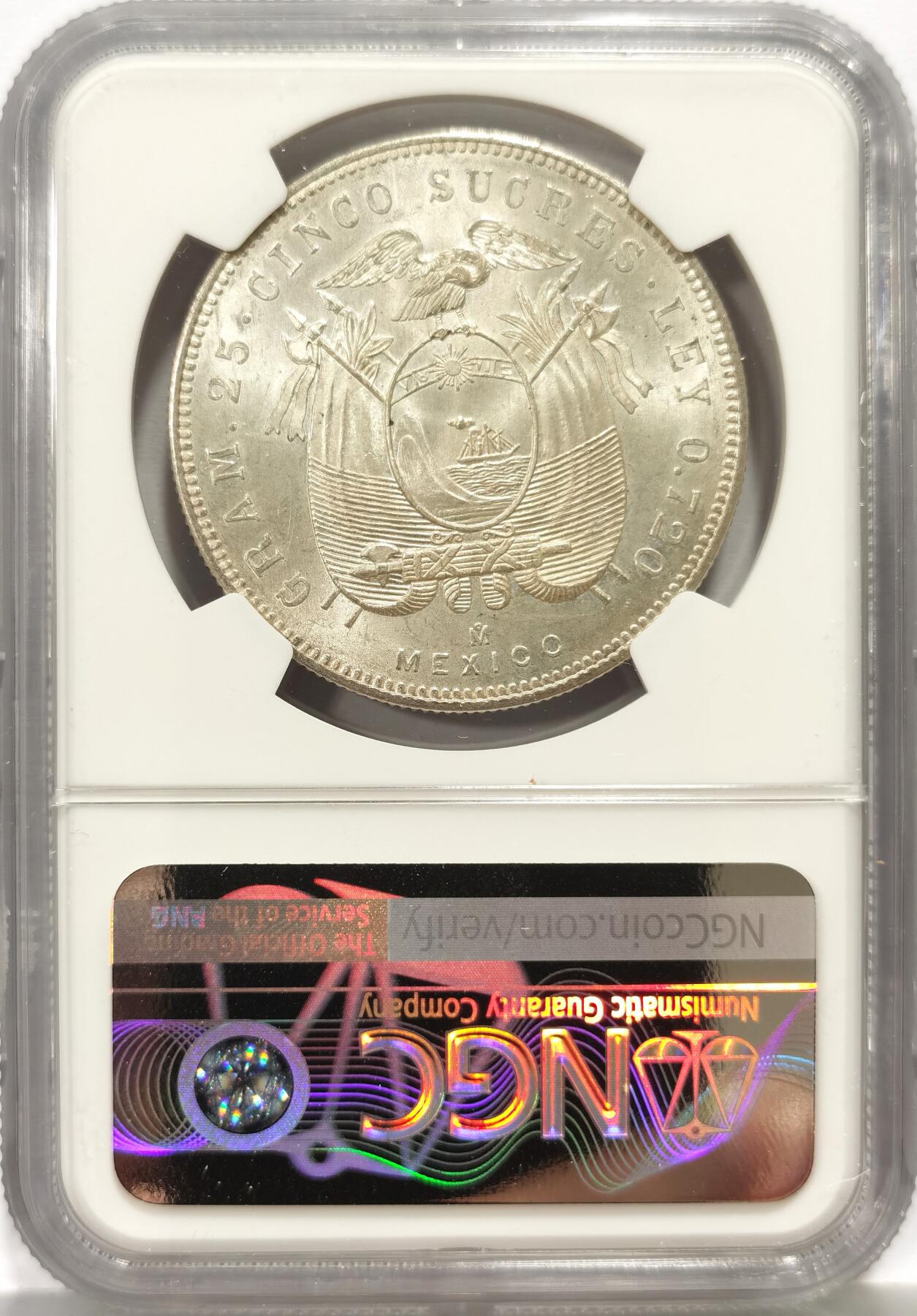 博洋堂世界钱币拍卖第157期（全场包邮） NGC MS64 厄瓜多尔1943年5苏克雷大银币，南美经典品种，转光好品。