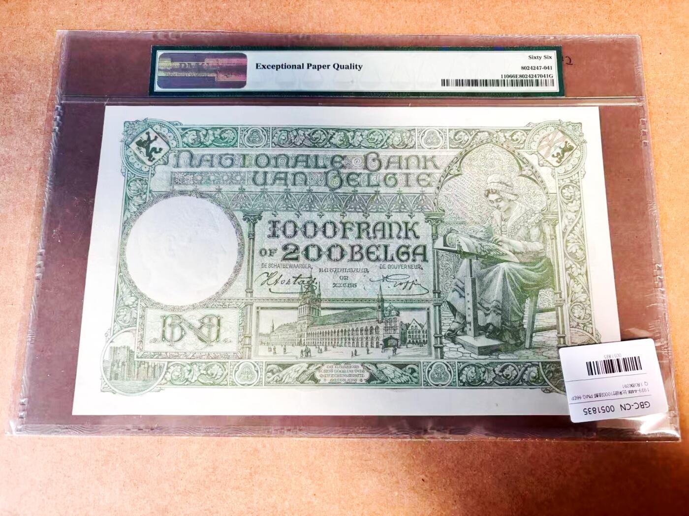 【Blue Auction】世界纸币精拍第775期——18级TOP拍卖/信誉/品质/专业/高效💫 【倒置号】比利时 1943年1000法郎 超大票幅 PMG66EPQ 老壳