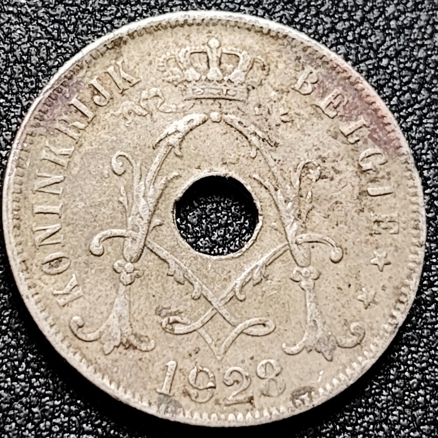 泉币菌-第168场- 精品福利场 比利时25分 中孔圆孔铜镍币 1928年 26毫米6.4克