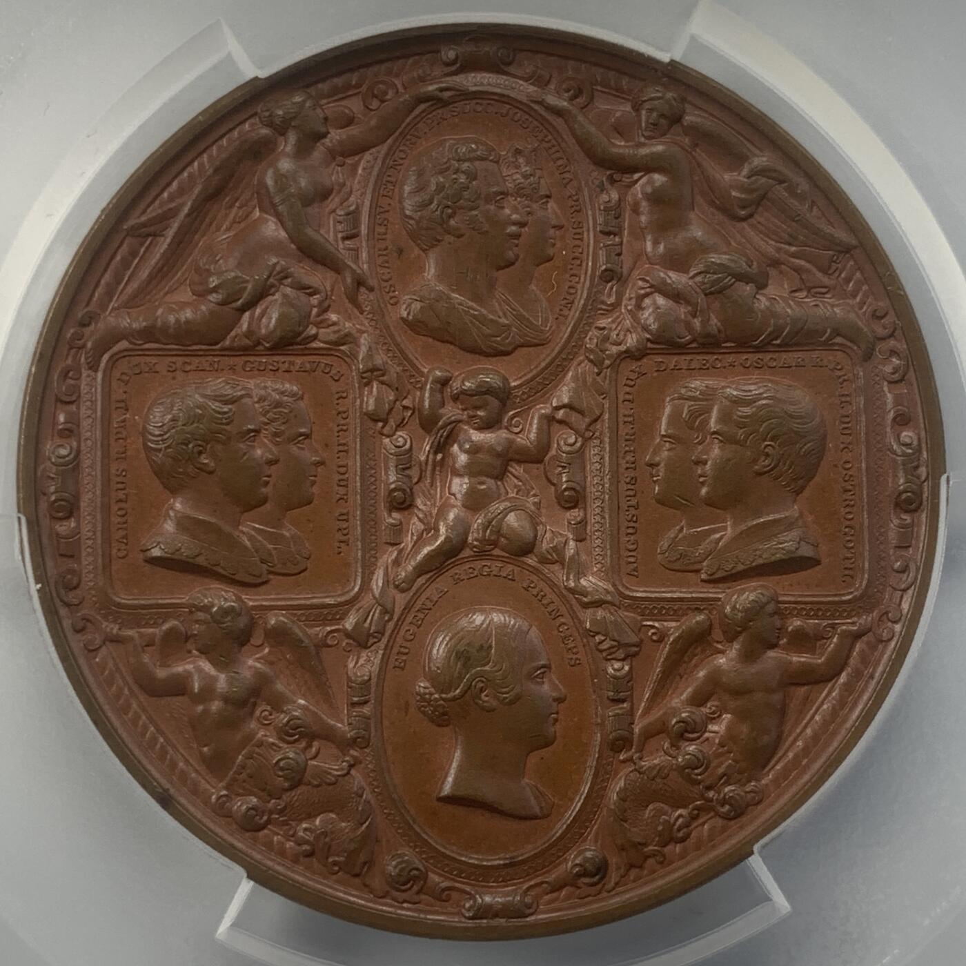 掌中浮雕-藏着的欧洲第049场 PCGS SP64 ：1842年瑞典卡尔十四和他的家人铜章，56mm， Ludvig Persson Lundgren雕刻