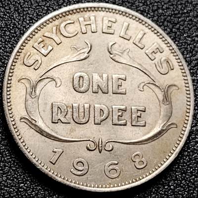 泉币菌-第168场- 精品福利场 - 带底光 少见 英属塞舌尔 1968年1卢比铜镍币 伊丽莎白二世女王 30×2.1MM 