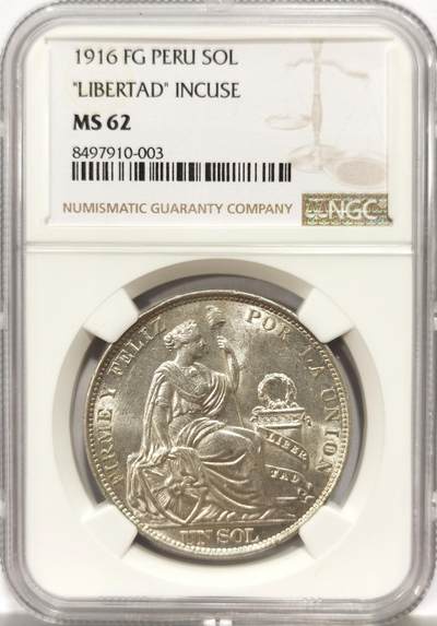 博洋堂世界钱币拍卖第157期（全场包邮） - NGC MS62 秘鲁1916年坐洋自由女神一索尔银币高银版，币面清爽干净又漂亮，状态佳。