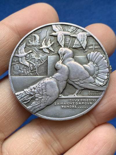 《竞宝斋》第458场 周日，周一，周二   3场连拍 （全场包邮）欢迎送拍 - 法国鸽子协会单面镀银铜章，25.26g，40.5mm，丰饶角边铭