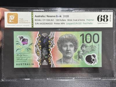 《外钞收藏家》第六百零二期（精品场）（本平台长期征集拍品、欢迎藏友们联系合作） - 2020年澳大利亚100元 AA冠 豹子号333 TQG评级68