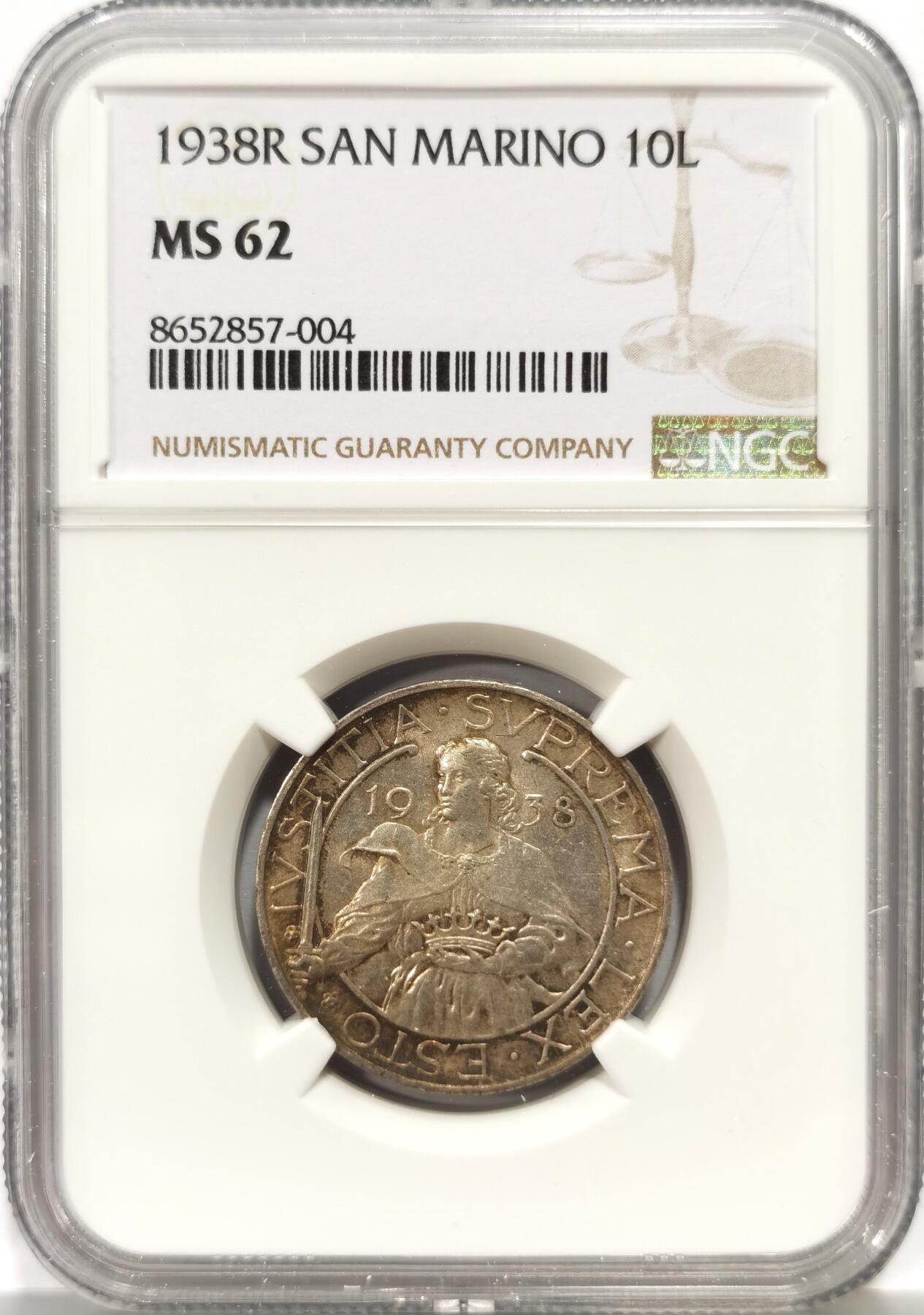 博洋堂世界钱币拍卖第157期（全场包邮） NGC MS62 圣马力诺1938年10里拉银币，黄油彩，转光好品。