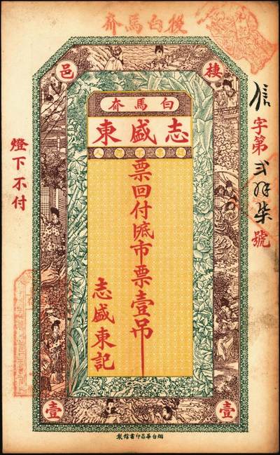 宜和2025年秋季拍卖 纸币 山东钱庄票一组6枚，其中：（文登）源盛湧、同盛和、同增号，（荣成）和顺永，（海阳）瑞生号壹千文各1枚；（棲霞）志盛东壹吊；六品至全新