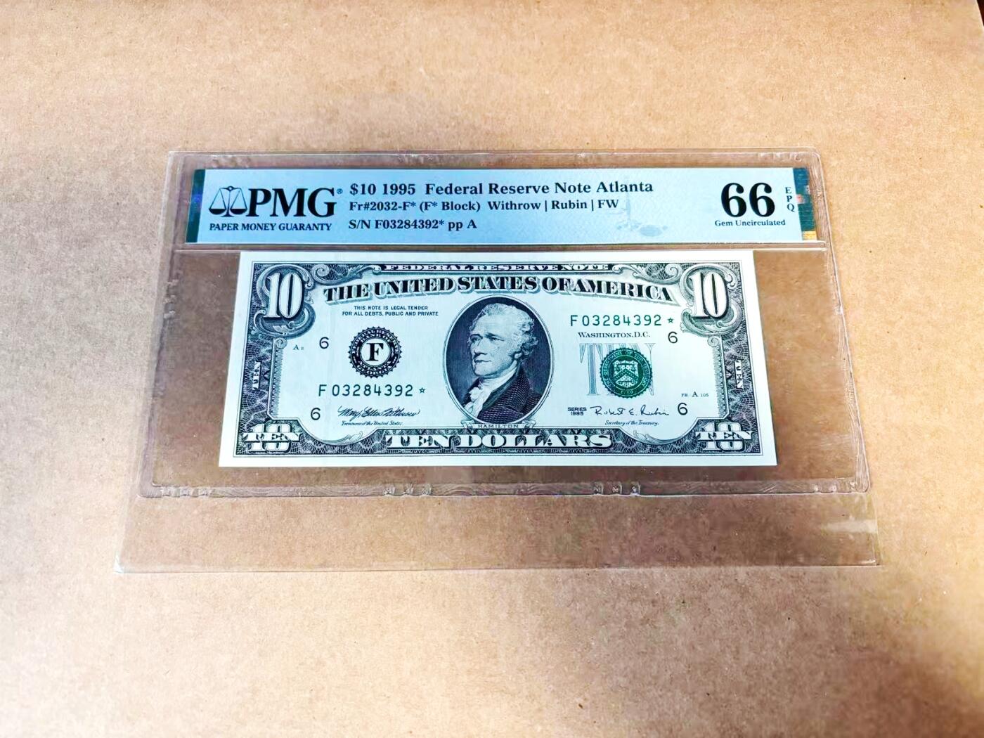【Blue Auction】世界纸币精拍第775期——18级TOP拍卖/信誉/品质/专业/高效💫  【补号】美国 1995年10美金 PMG66EPQ 