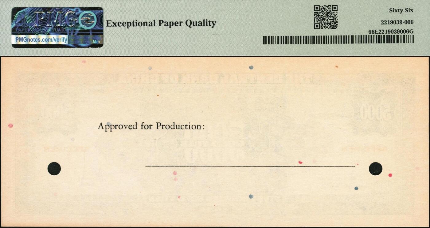 宜和2025年秋季拍卖 纸币 民国三十八年（1949年）中央银行金圆券保安版伍仟圆单面样本券，正背共2枚，未正式发行，罕见；均为PMG 66 EPQ
