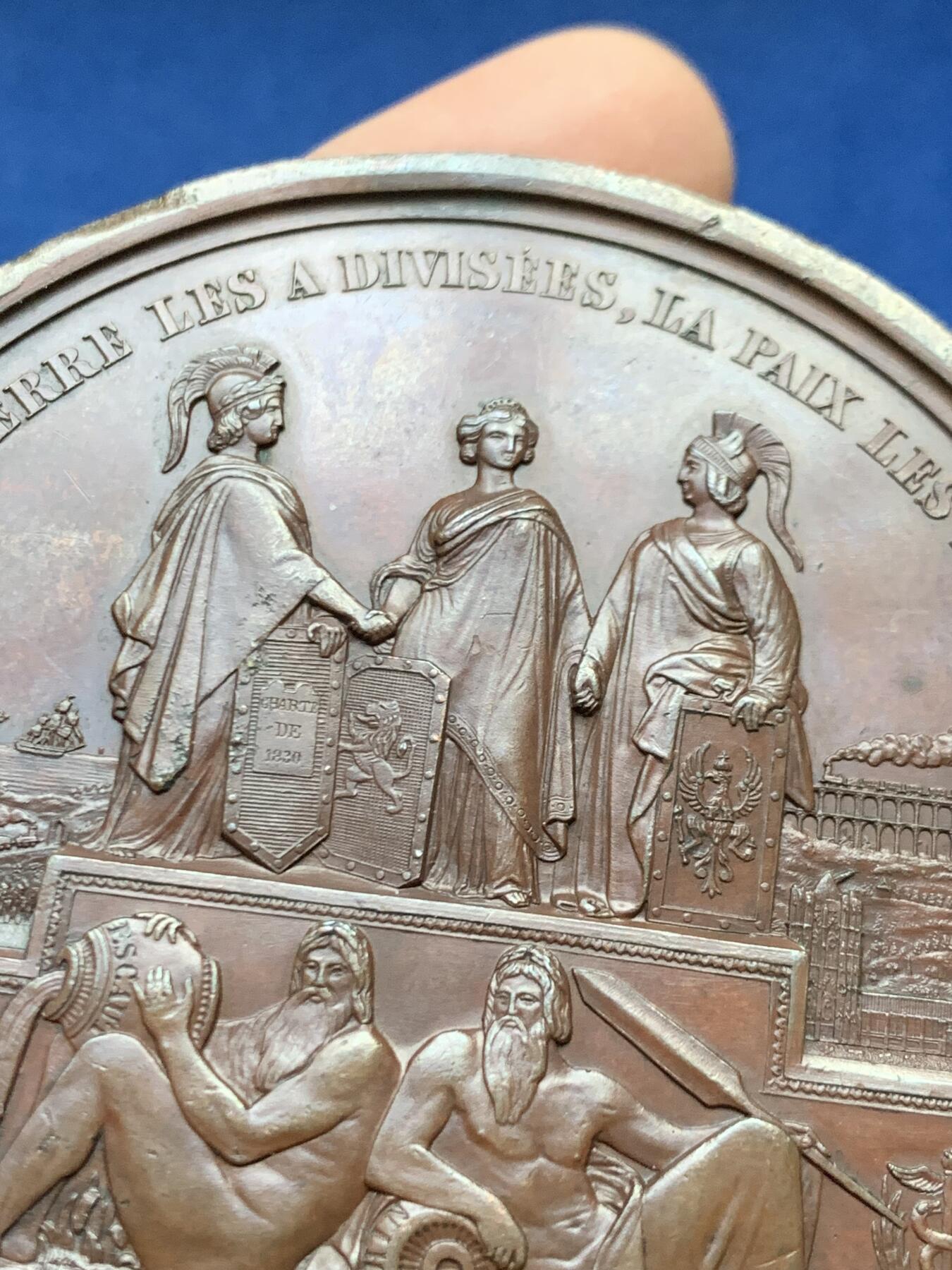 《竞宝斋》第458场 周日，周一，周二   3场连拍 （全场包邮）欢迎送拍 比利时1843年利奥波德一世头像亚琛至韦尔维耶铁路开通纪念铜章，超高浮雕，229.9g，72.3mm