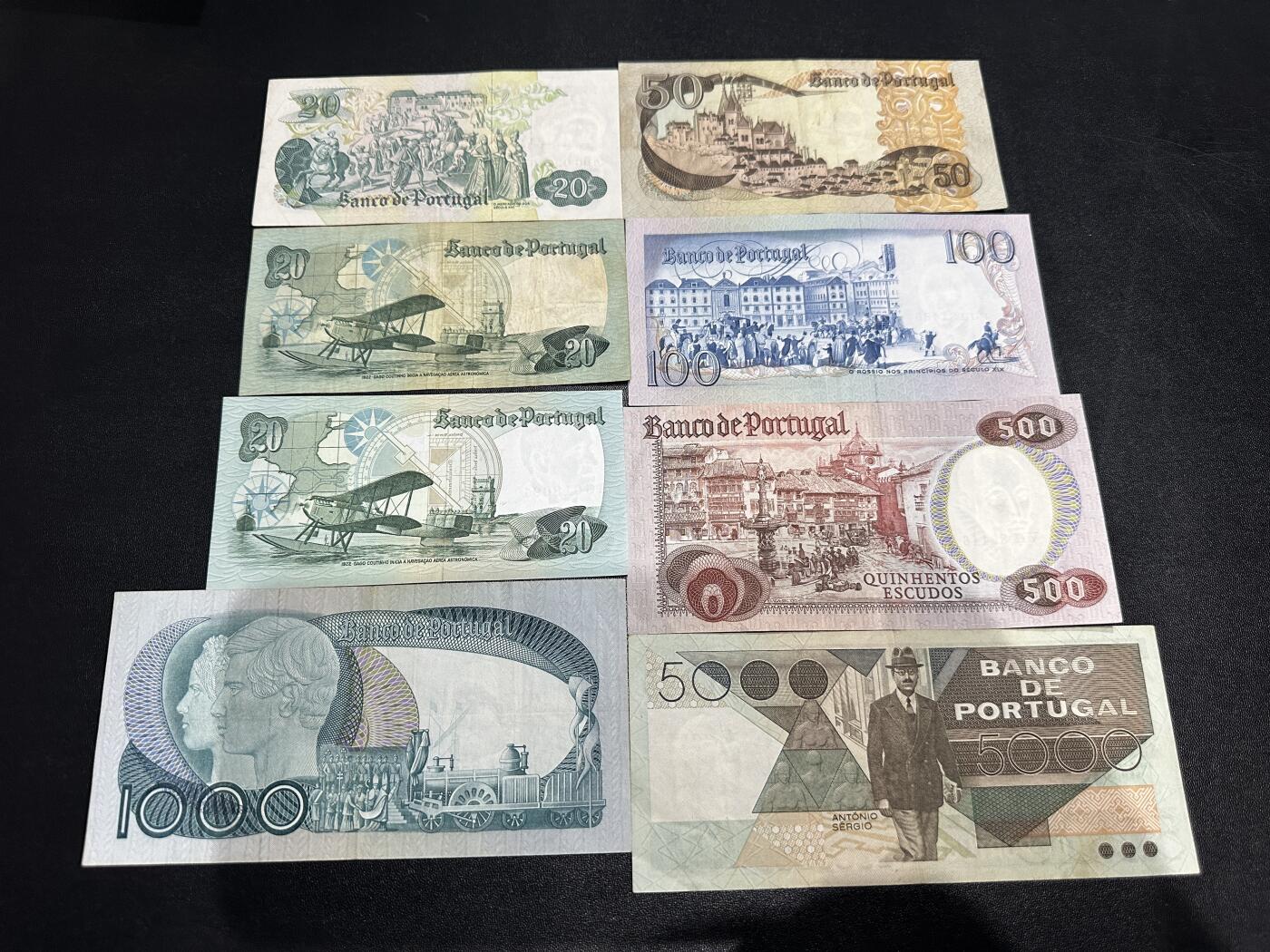 《外钞收藏家》第六百零二期（精品场）（本平台长期征集拍品、欢迎藏友们联系合作） 葡萄牙20-5000面额 八张一起 非全新 品相如图