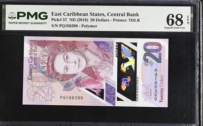 【礼羽收藏】🌏世界钱币拍卖第120期 - 【PQ188399】2019年东加勒比20面值 塑料钞 女王钞 无47尾99 PMG68 难出分品种 高分靓号 