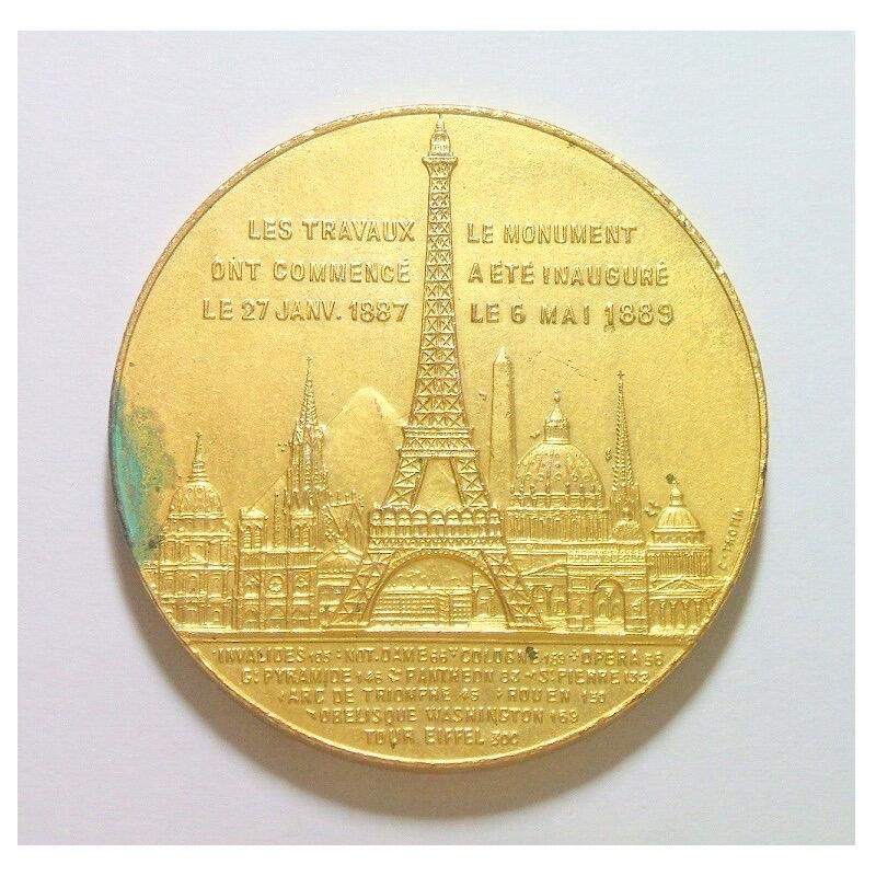 法国1889年 埃菲尔铁塔落成高浮雕精制大铜镀银金章 42MM