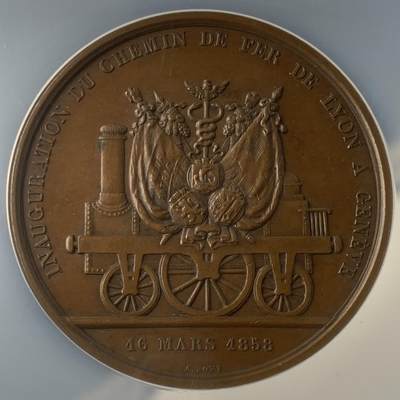 掌中浮雕-藏着的欧洲第049场 - NGC MS62 : 1858年瑞士日内瓦-里昂铁路通车铜章，48mm