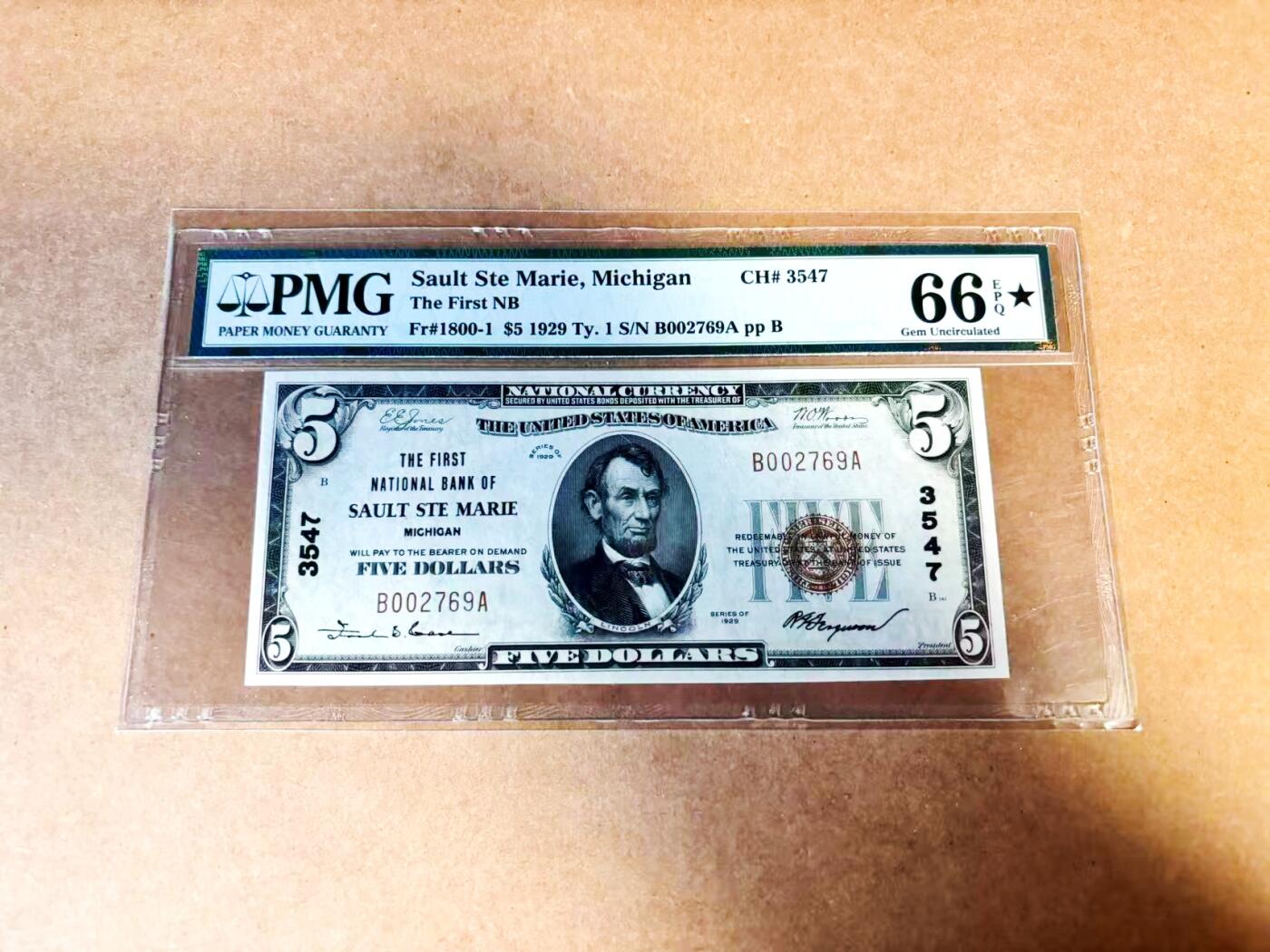 【Blue Auction】世界纸币精拍第775期——18级TOP拍卖/信誉/品质/专业/高效💫 【带星少见 千位小号】美国 密歇根州 1929年5美金 国民券 PMG66EPQ星星 老壳