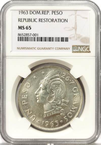博洋堂世界钱币拍卖第157期（全场包邮） - NGC MS65 多米尼加1963年1比索大银币，光度极佳，热门品种，一步到位好品相。