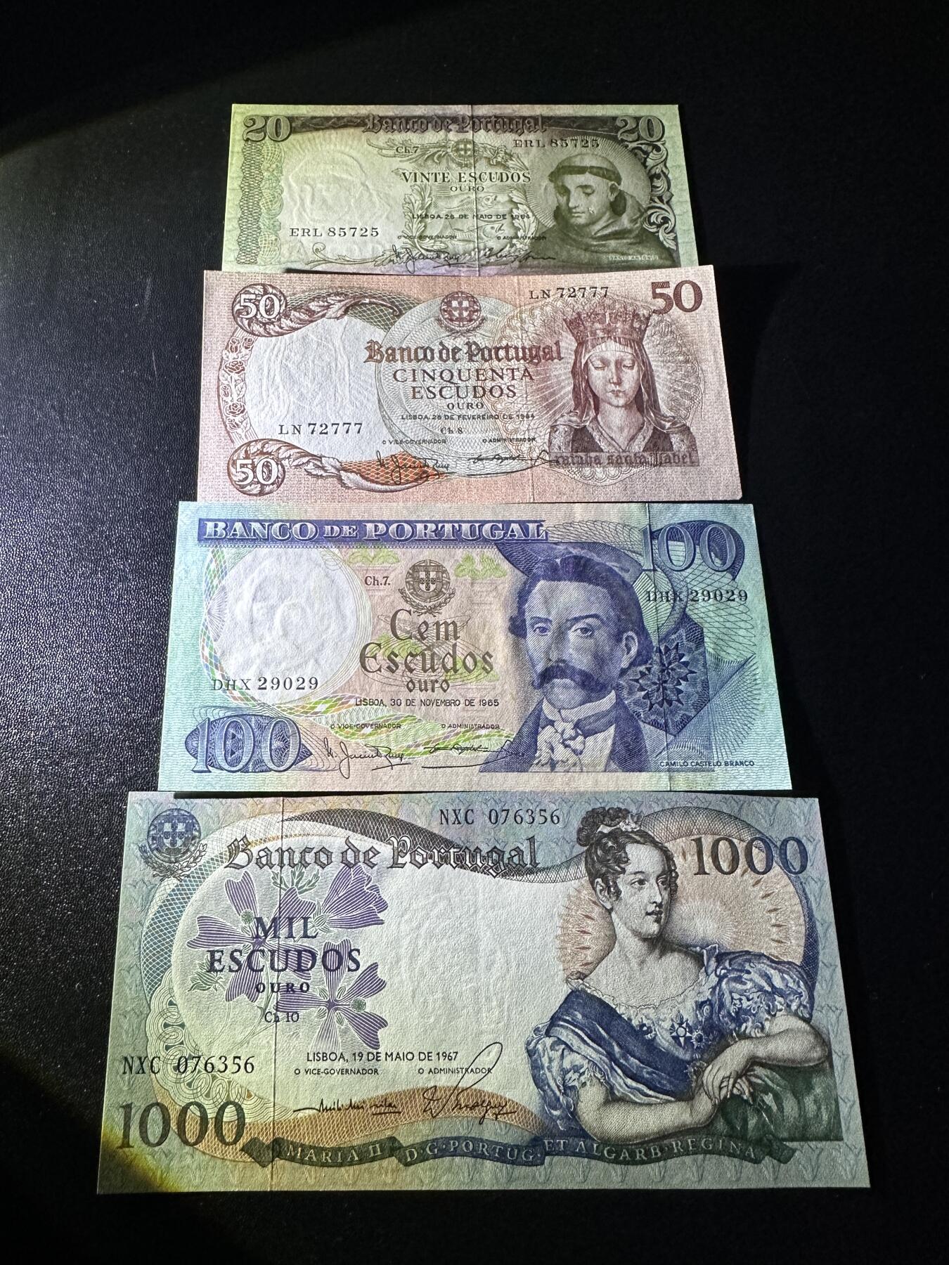 《外钞收藏家》第六百零二期（精品场）（本平台长期征集拍品、欢迎藏友们联系合作） 葡萄牙20-1000面额 四张一起 AU品相 100有黄斑也当AU