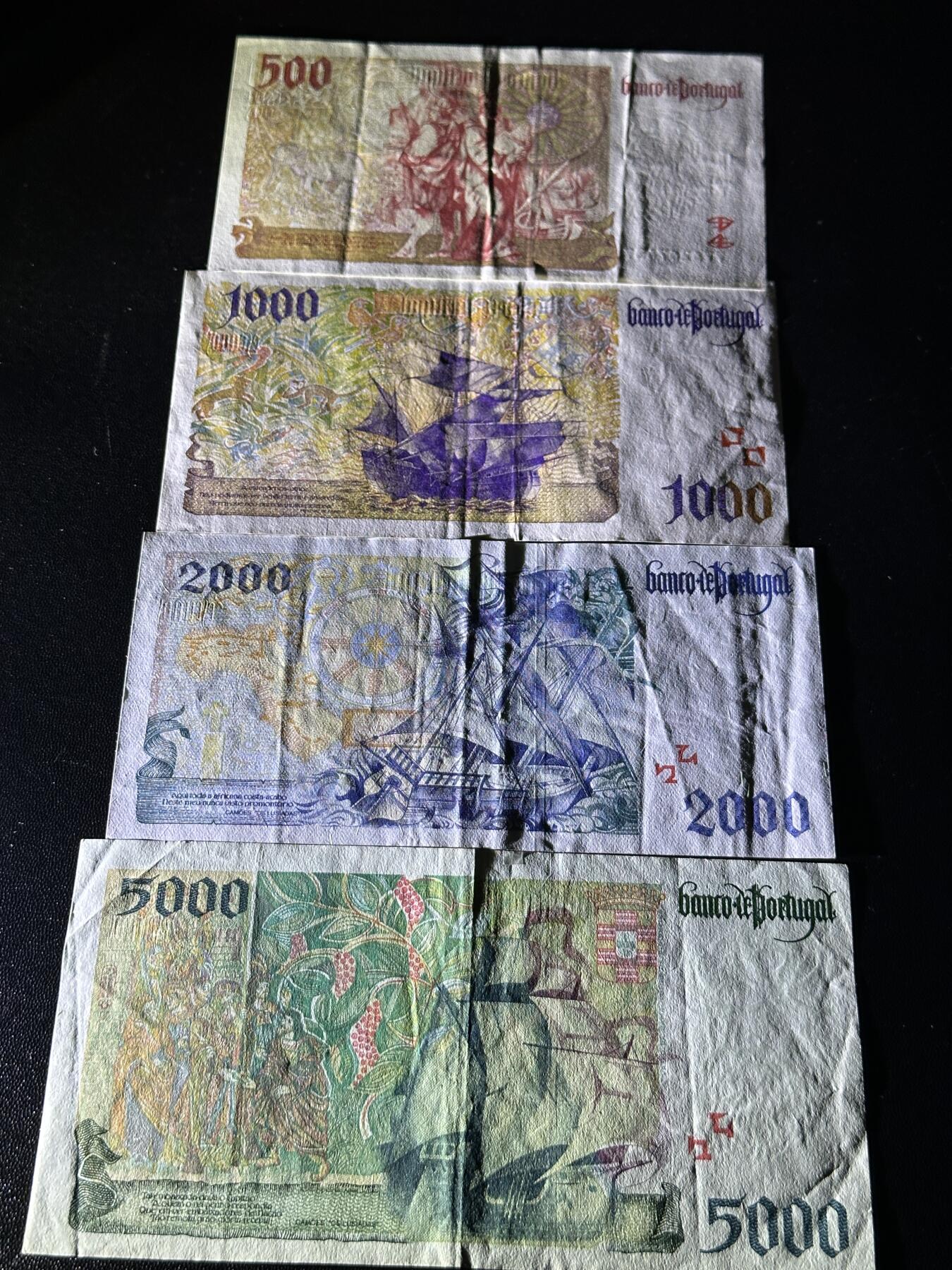 《外钞收藏家》第六百零二期（精品场）（本平台长期征集拍品、欢迎藏友们联系合作） 葡萄牙500-5000面额 四张一起 非全新 品相如图