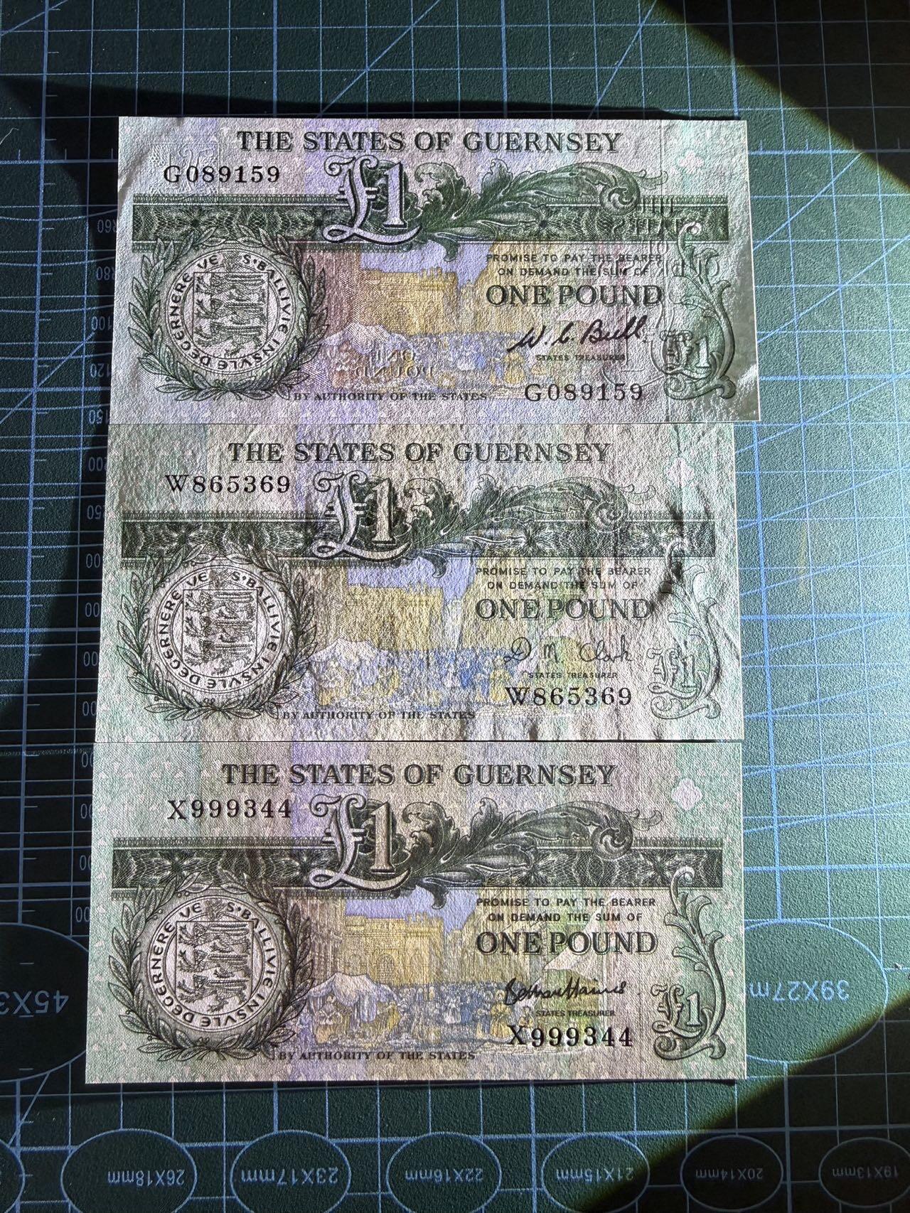 【炜奕收藏】，第五十七期，英联邦女王专场 根西岛1镑3张不同签名，包含初版大票幅，UNC-/UNC品相，包含两张无47