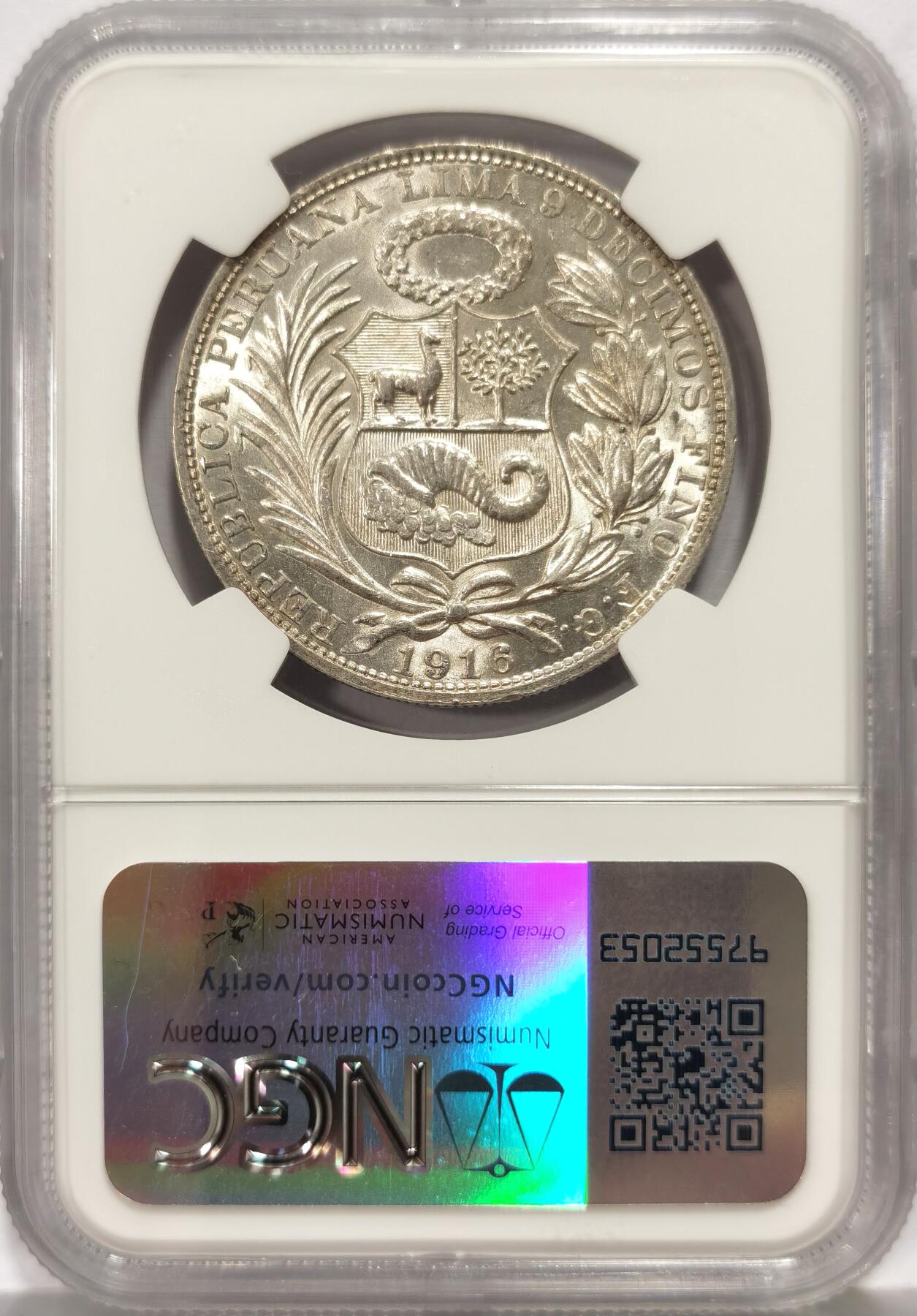 博洋堂世界钱币拍卖第157期（全场包邮） NGC MS62 秘鲁1916年坐洋自由女神一索尔银币高银版，币面清爽干净又漂亮，状态佳。