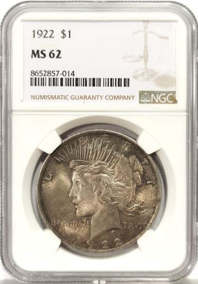 博洋堂世界钱币拍卖第157期（全场包邮） - NGC MS62 美国1922年和平银币，双面酱彩，转光强烈。