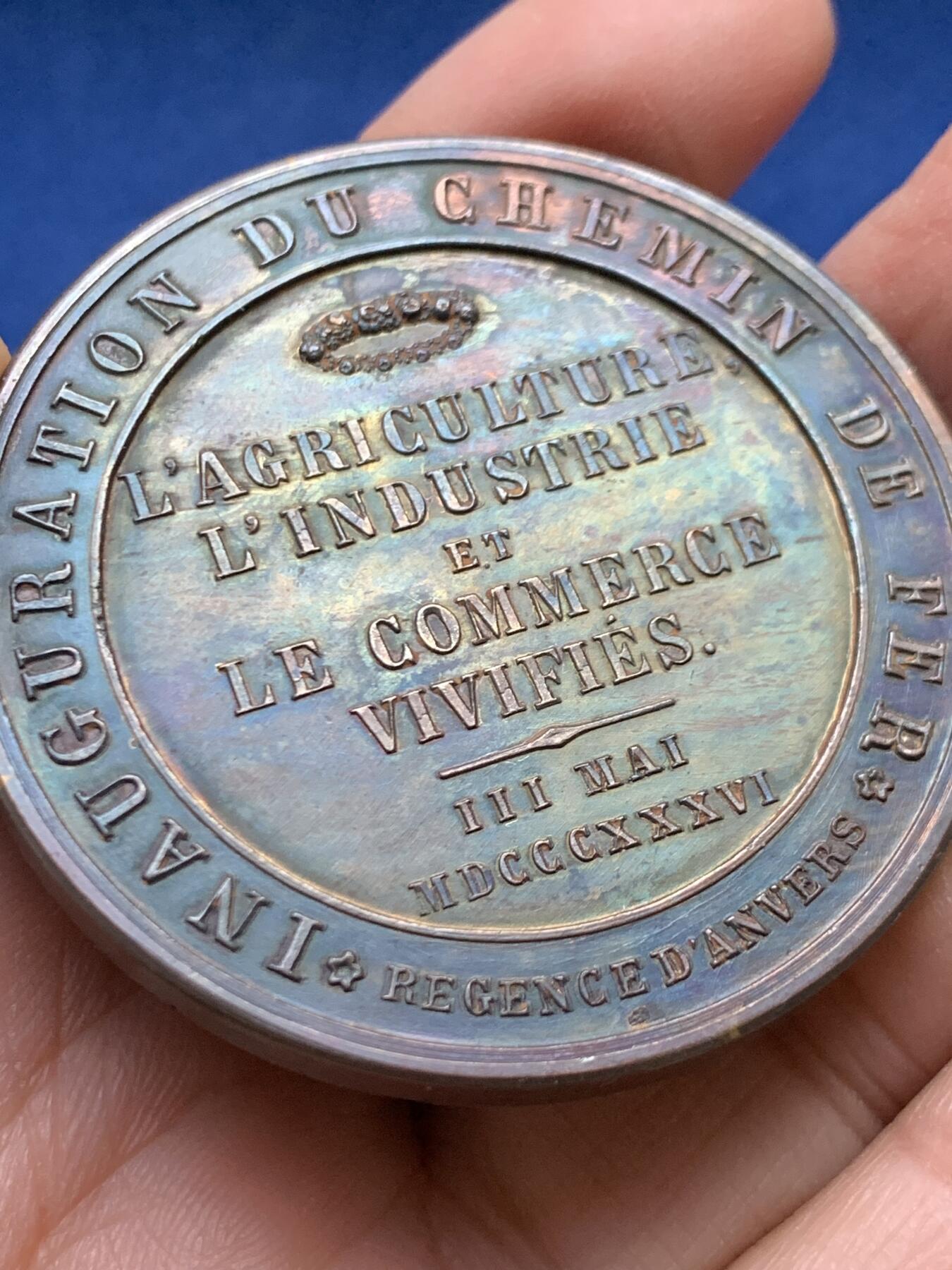 《竞宝斋》第458场 周日，周一，周二   3场连拍 （全场包邮）欢迎送拍 比利时1836年布鲁塞尔-梅赫伦铁路正式通车纪念铜章，56g，49.7mm