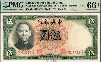 宜和2025年秋季拍卖 纸币 民国二十五年（1936年）中央银行德纳罗版伍圆，李觉·黄秀峰签名；雷达号315513，PMG英文专属注释，据统计每百万张大约仅有1000张此类型号码，较为稀少；PMG 66 EPQ/Radar Serial Number