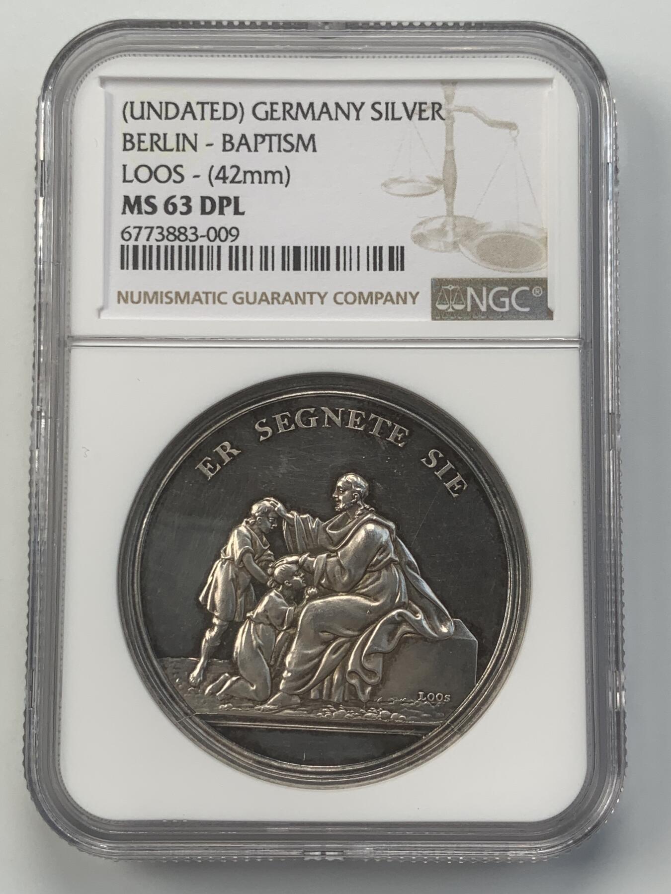 掌中浮雕-藏着的欧洲第049场 NGC MS63 DPL ：19世纪德国柏林洗礼纪念银章，42mm，德国宗教题材，LOOS大师作品