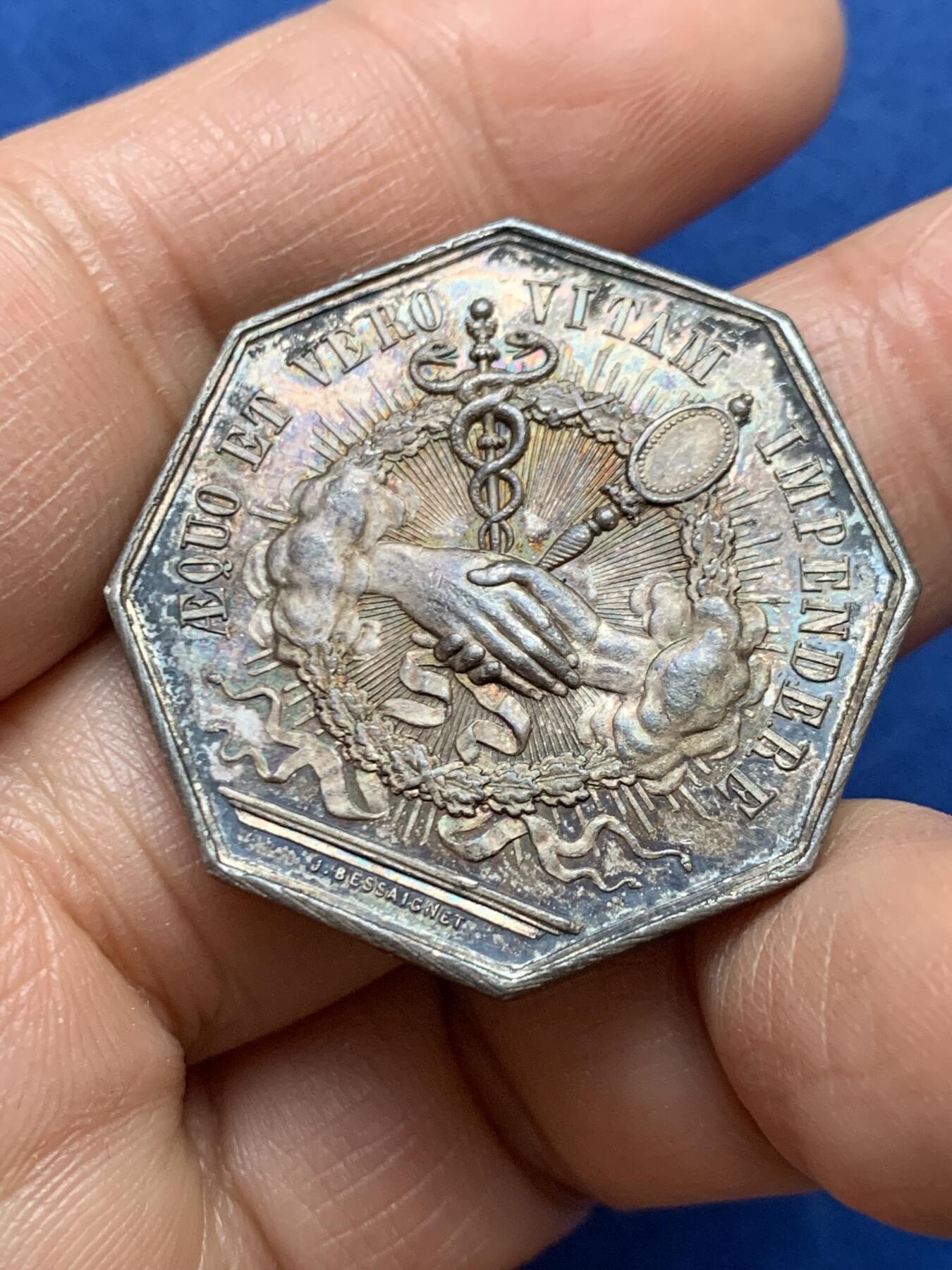 《竞宝斋》第458场 周日，周一，周二   3场连拍 （全场包邮）欢迎送拍 法国八角银质代币，博韦公证人协会，14.43g，32mm，丰饶角边铭