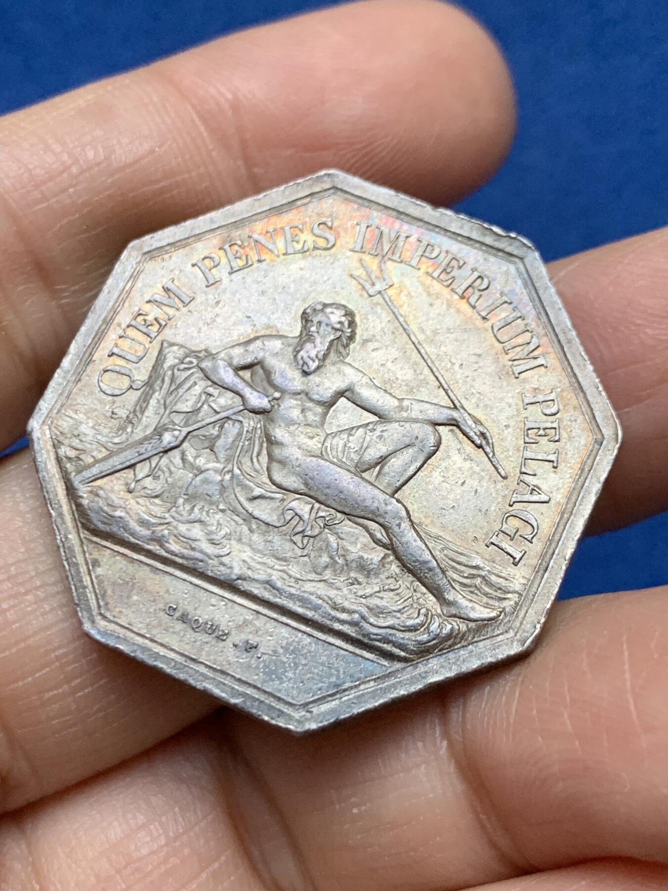 《竞宝斋》第458场 周日，周一，周二   3场连拍 （全场包邮）欢迎送拍 法国八角银章，海王海上保险公司，18.95g，33.8mm，1842-1845船首边铭