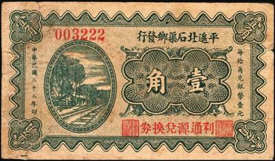 宜和2025年秋季拍卖 纸币 民国二十二年（1933年）平遥北石渠乡发行·利通源兑换券壹角；原票，七品