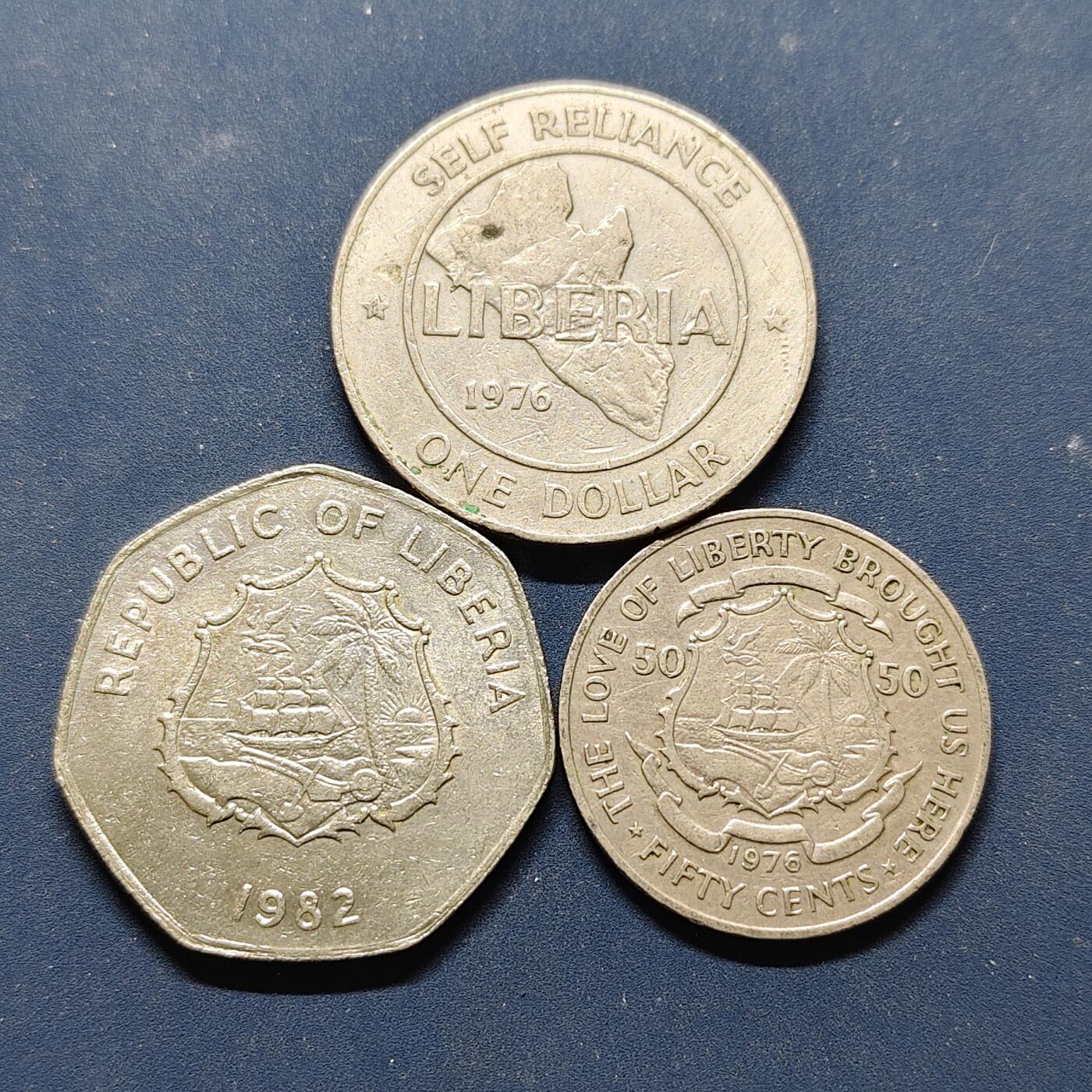 【全场包邮】纯粹捡漏拍494场 利比里亚1976-1982年大面值散币3枚一组
