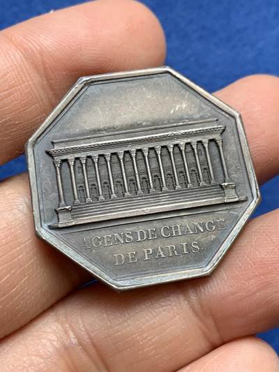 《竞宝斋》第458场 周日，周一，周二   3场连拍 （全场包邮）欢迎送拍 - 法国八角银质代币，路易十八睡衣半身像巴黎证券交易所，边上流银，无磕无碰，16.22g，32.5mm，早期无边铭